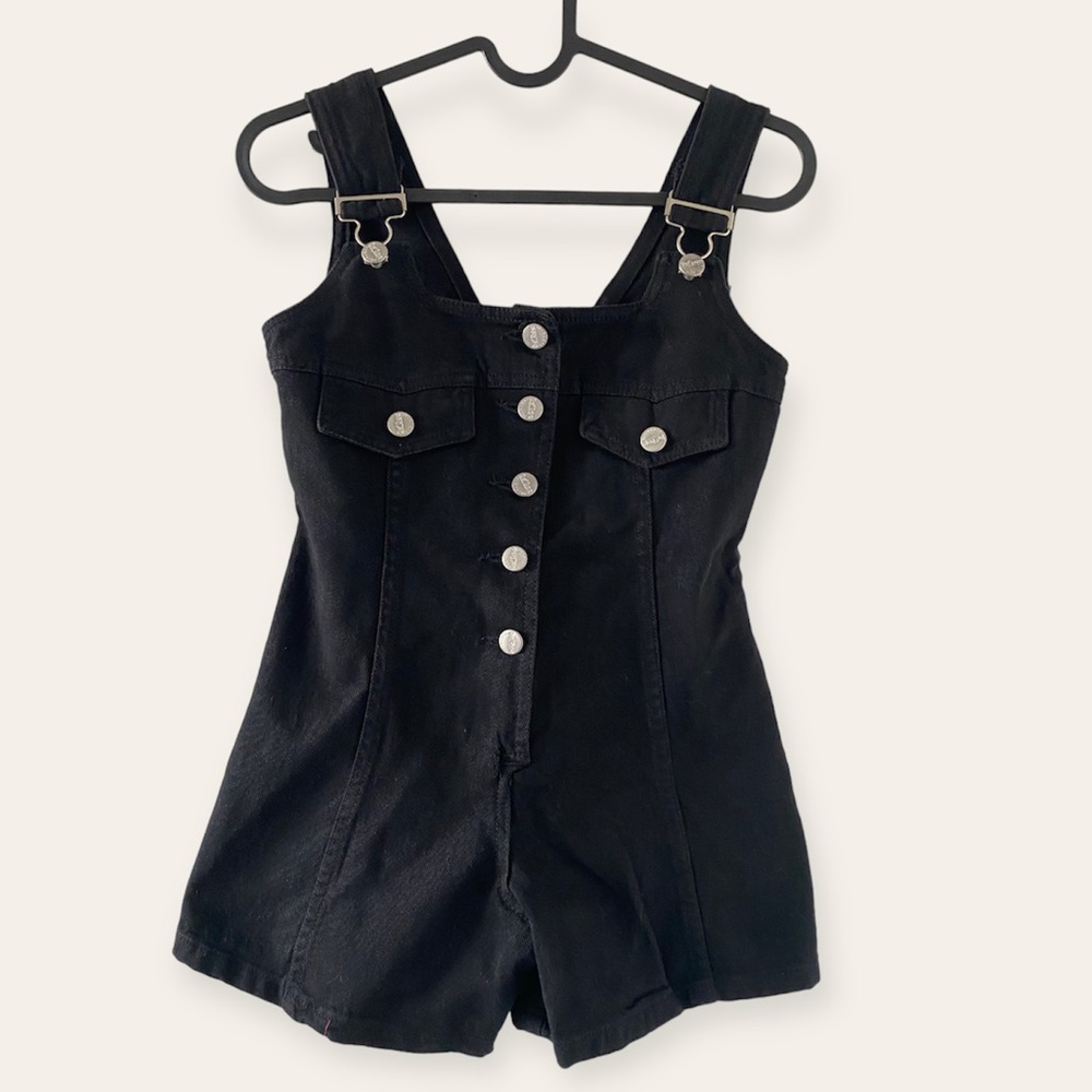 NWOT: VINTAGE Be Bop black small short cotton overalls w logo on back